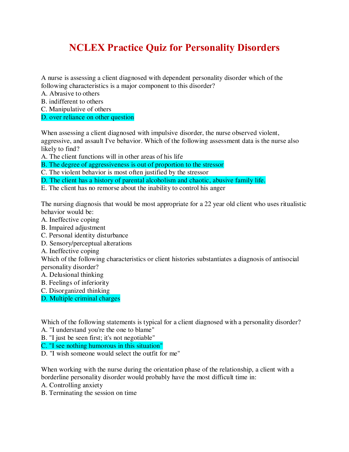 Preview image of NCLEX Practice Quiz for Personality Disorders document